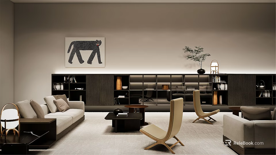 Modern Living Room Interior Design With Sofa Bookshelves Artwork And Chairs 3d model 