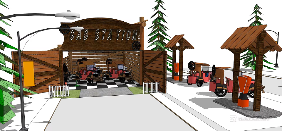 Vintage Gas Station Featuring Wooden Structure Red Vintage Cars Checkered Floor Pine Trees And Pavilions 3d model 