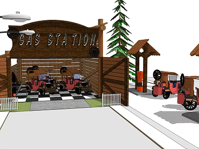 Vintage Gas Station Featuring Wooden Structure Red Vintage Cars Checkered Floor Pine Trees And Pavilions 3d model