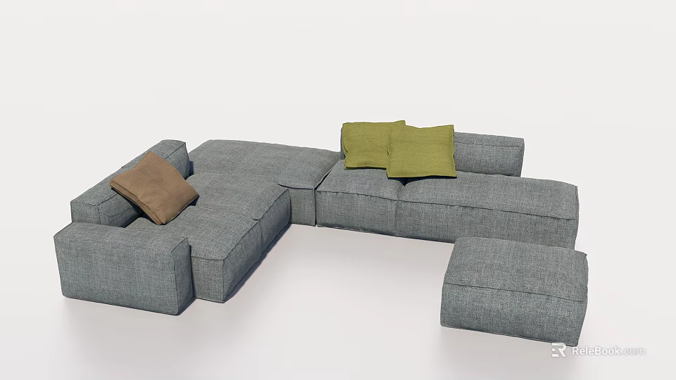 Gray L Shaped Sectional Sofa With Brown Green Pillows And Ottoman Design 3d model