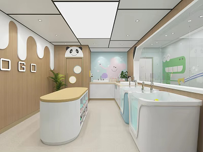 Baby Care Specialty Store With Panda Decor Pink Walls And Cozy Washbasin Design 3d model