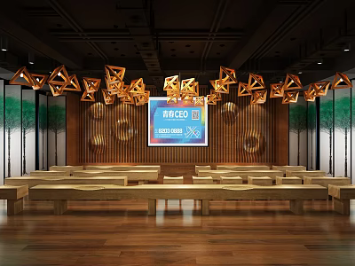 Modern Conference Room With Large Screen Wooden Seats Geometric Pendant Lights And Wooden Walls 3d model