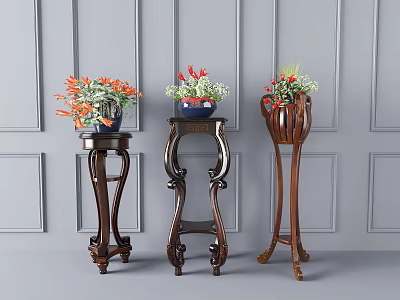 Three Carved Wooden Plant Stands With Colorful Flower Pots And Fresh Flowers Against Gray Wall 3d model