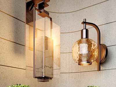 Modern Decorative Wall Lamps With Metal Brackets And Textured Glass Shades On Stone Wall 3d model
