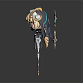 Chibi Game Character With Golden Horns Blonde Hair Blue White Outfit Back Wings Playful Expression