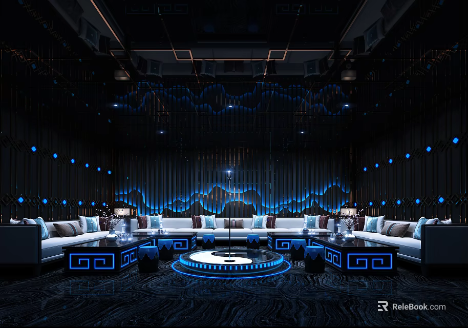 Modern Luxury KTV Interior With White Sofas Round Tables And Blue Lighting 3d model 
