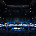 Modern Luxury KTV Interior With White Sofas Round Tables And Blue Lighting