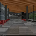 Modern Lobby Interior With Wooden Ceiling Glass Walls Red Sofas And Spacious Layout