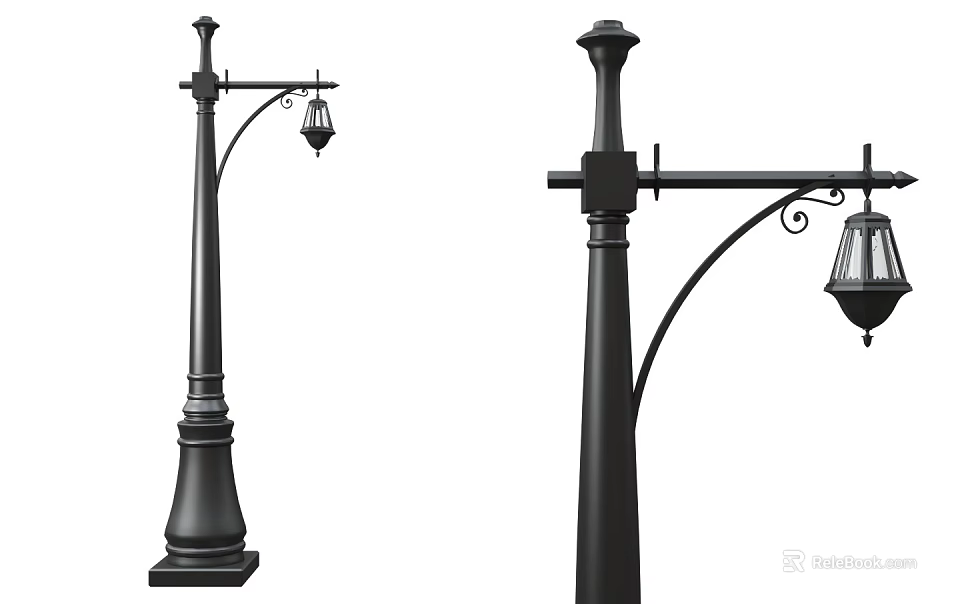 Traditional Outdoor Lights with Black Lamp Posts Curved Arms and Decorative Lanterns 3d model 