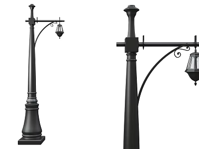 Traditional Outdoor Lights with Black Lamp Posts Curved Arms and Decorative Lanterns 3d model