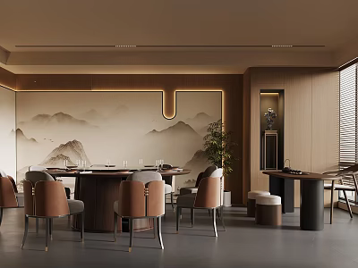 Elegant Chinese Modern Private Dining Box With Round Table Mountain Painting And Wooden Decor 3d model
