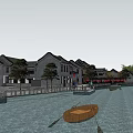 Traditional Commercial Street With Riverfront Buildings And Pedestrian Layout Design