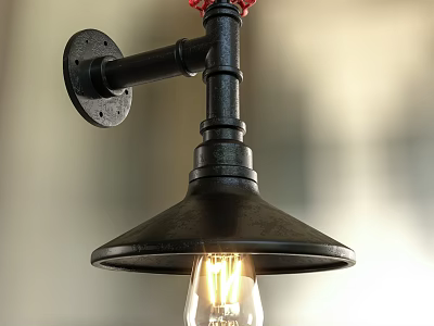 Industrial Vintage Black Wall Lamp With Metal Arm Conical Shade And Clear Bulb 3d model