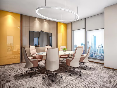 Modern Conference Room With Round Pendant Light Large Windows And City View 3d model