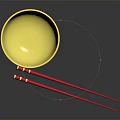Red Bowl With Yellow Interior And Gold Flower Designs Plus Red Chopsticks With Gold Accents