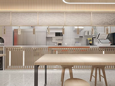 Modern Restaurant Interior With Open Kitchen Wooden Decor And Dining Tables 3d model