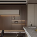 Modern Living and Dining Room With Light Colored Cabinets Stone Wall Wooden Shelves And Fireplace 3d model