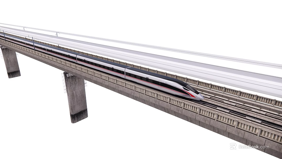 Modern High Speed Train Station Exterior With Elevated Bridge And Rail Tracks 3d model 