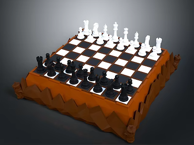 Classic Chessboard With Black And White Pieces On Wooden Decorative Frame 3d model