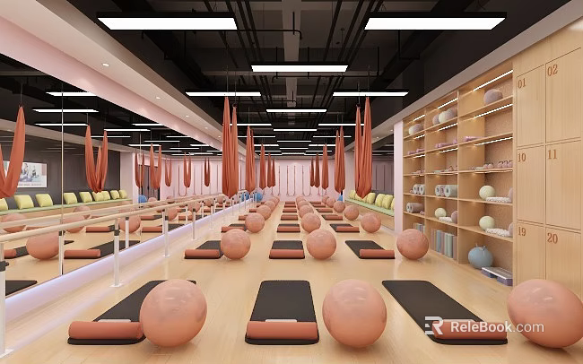Spacious Fitness Studio With Yoga Mats Fitness Balls Mirrors And Wooden Lockers 3d model 