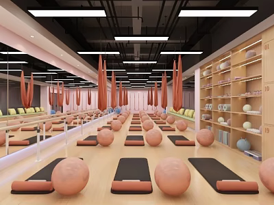 Spacious Fitness Studio With Yoga Mats Fitness Balls Mirrors And Wooden Lockers 3d model