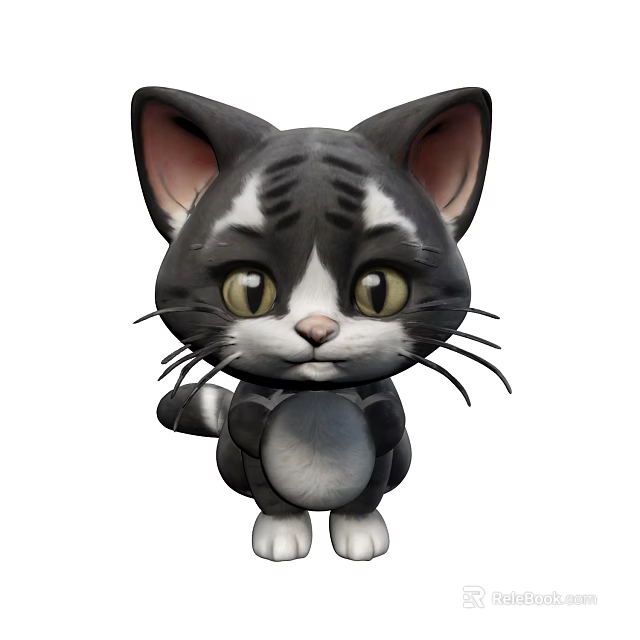 Cute Animated Gray And White Cat With Big Eyes And Playful Look 3d model 