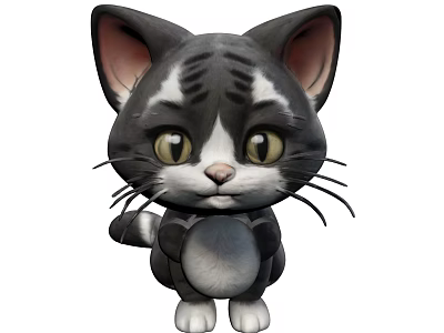 Cute Animated Gray And White Cat With Big Eyes And Playful Look 3d model