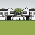 White Guesthouse Building With Black Roofs Front Lawn Trees And Parked Cars