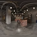 Industrial Bar Interior With Brick Wall Counter Stools Bottle Shelves And Pendant Lights
