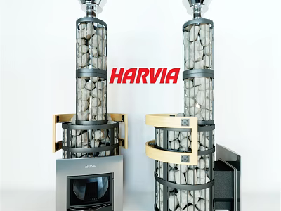 HARVIA Modern Tower Fireplace With Metal Frame And Stone Fill Design 3d model