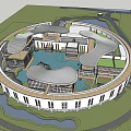 Circular Architectural Design With Central Water Pool Modern Rooftops And Green Landscape 3d model