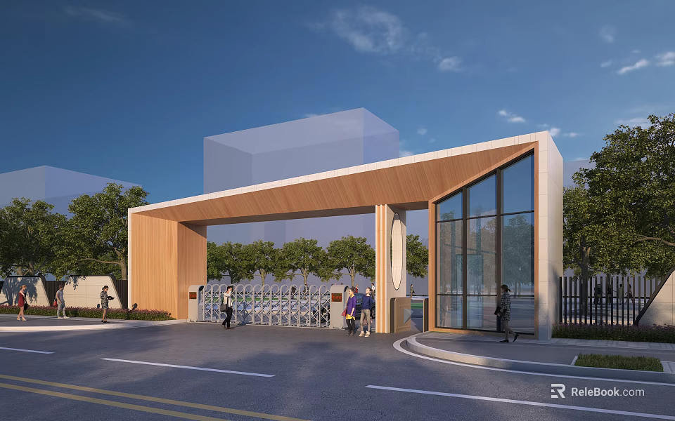 Modern Entrance Gate With Wooden Canopy Glass Facade Trees Surrounding And People Walking Nearby 3d model 