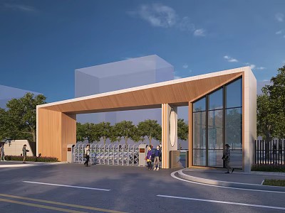 Modern Entrance Gate With Wooden Canopy Glass Facade Trees Surrounding And People Walking Nearby 3d model