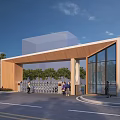 Modern Entrance Gate With Wooden Canopy Glass Facade Trees Surrounding And People Walking Nearby