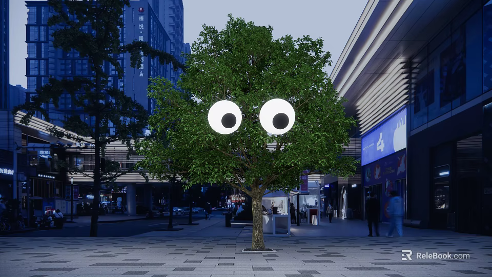 Urban Art Installation Featuring Tree With Big Eyes In Modern City Square 3d model 