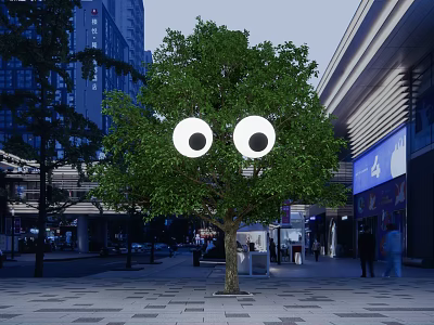 Urban Art Installation Featuring Tree With Big Eyes In Modern City Square 3d model