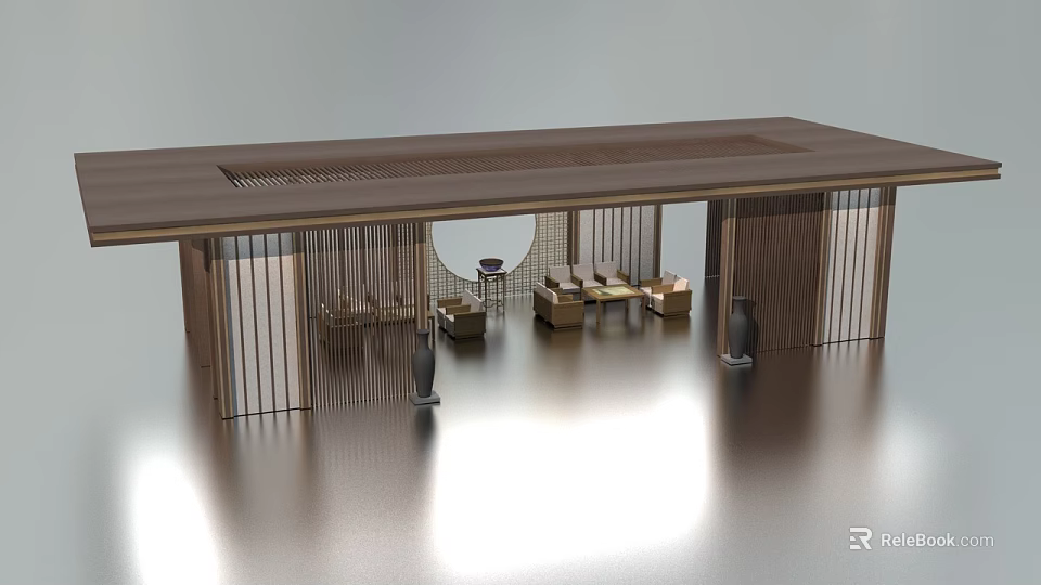 Modern Landscape Pavilion with Wooden Structure Open Design and Seating Area 3d model 