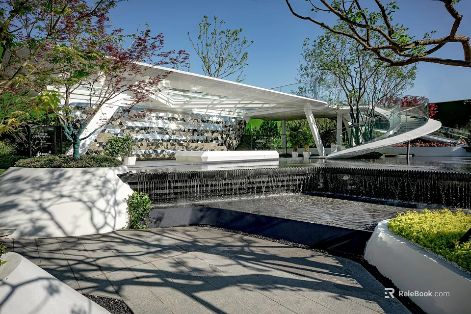 Modern Garden Landscape Design With Curved Canopy Water Feature And Stone Paving 3d model 