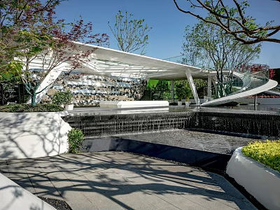 Modern Garden Landscape Design With Curved Canopy Water Feature And Stone Paving 3d model