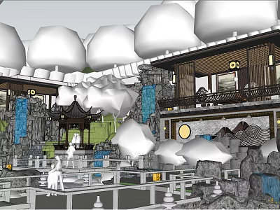 Chinese Style Scenic Wall In Traditional Garden With Rockery Pavilion And Clouds 3d model