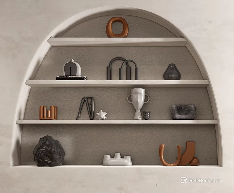 Modern Decorative Ornament Combination On Arched Shelf With Sculptures Vases And Geometric Pieces 3d model 
