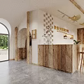 Spacious Interior Space With Arched Windows Green Chairs Wooden Tables Pendant Lights And Large Screen