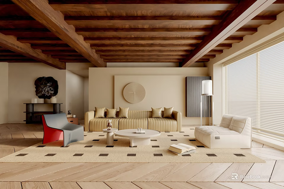 Warm Living Room With Wooden Ceiling Beams Beige Sofa Round Coffee Table And Patterned Rug 3d model 