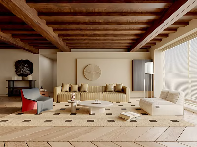 Warm Living Room With Wooden Ceiling Beams Beige Sofa Round Coffee Table And Patterned Rug 3d model