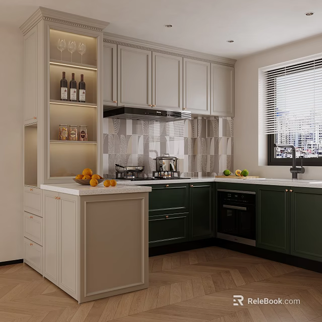 Elegant Two Tone Kitchen With Built In Cabinets And Functional Small Island Interior Design 3d model 