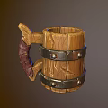 Rustic Wooden Mug With Carved Wood Grain And Metal Bands Red Handle