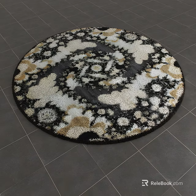 Round Black White Gold Intricate Pattern Design Indoor Living Room Decor Rug 3d model 