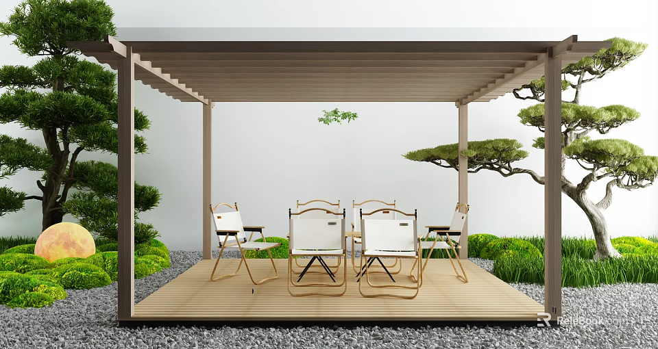Serene Garden Landscape With Wooden Pergola Deck White Folding Chairs And Green Plants 3d model 