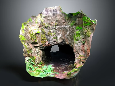 Garden Ornament Featuring Rocky Structure Covered in Moss with Small Cave Opening and Green Plants 3d model