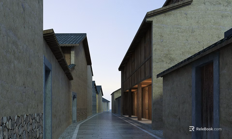 Historic Commercial Street With Traditional Architecture Stone Paved Path And Shop Fronts 3d model 